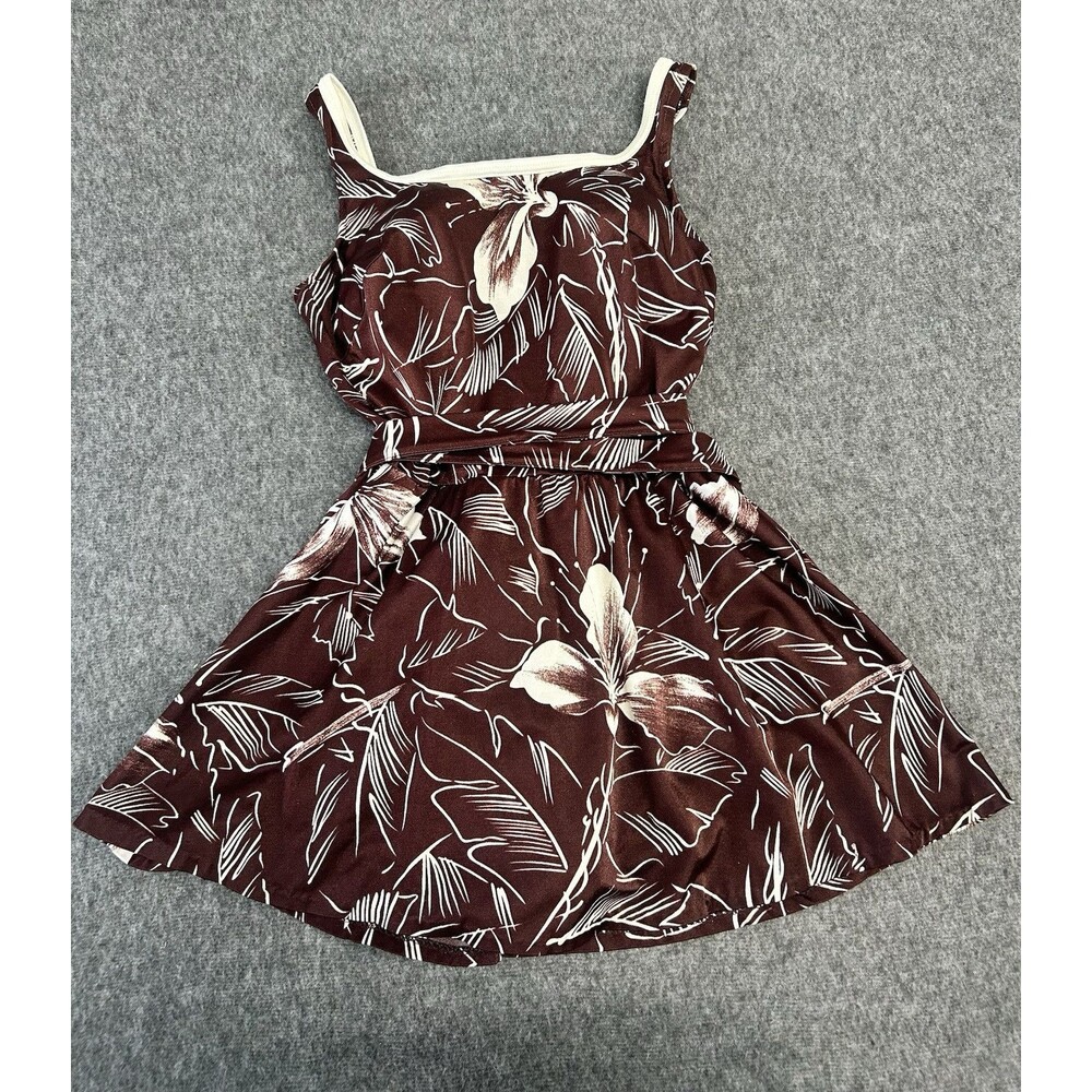 Vintage Some-Body Mainstream BathingSuit Swimdress Union Made Brown w/Flowers 14